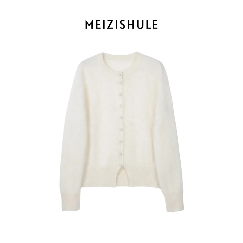 Damen Kuschelige Mohair-Strickjacke mit Rundhalsausschnitt und verdeckter Knopfleiste Nord Taschen