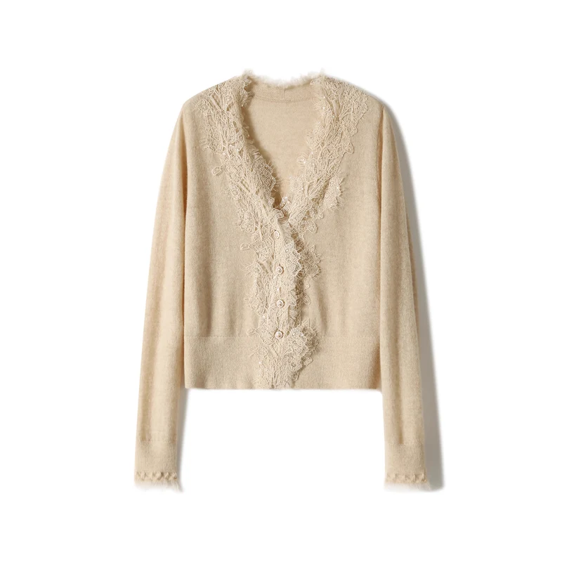 Damen Kurze Mohair-Cardigan mit Spitzenbesatz und Perlenknöpfen Nord Taschen