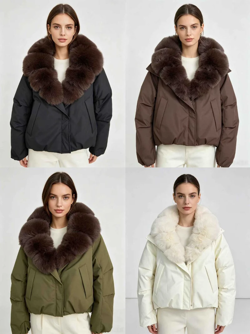 Damen nan kurze Thermosteppjacke mit voluminösem abnehmbarem Kunstfellkragen und tailliertem Saum Nord Taschen