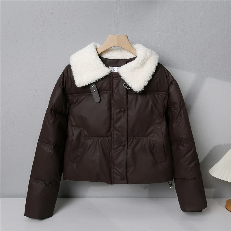 Damen nan kurze gesteppte Winterjacke mit Teddykragen, wattierter Isolierung und verdecktem Druckknopfverschluss Nord Taschen