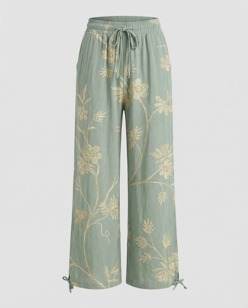 Damen Leinenhose Weit Elastischer Bund Kordelzug