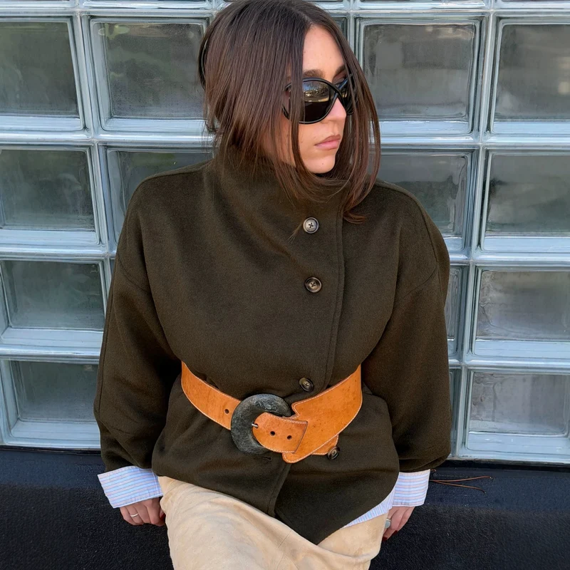 Damen Kurzer Wollmix‑Mantel mit asymmetrischer Knopfleiste und Stehkragen Nord Taschen