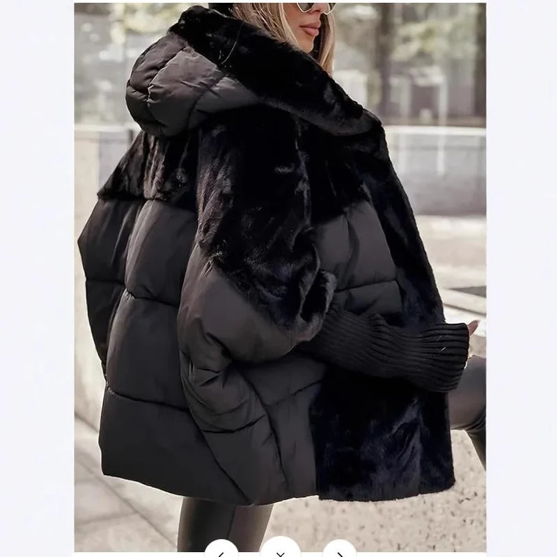 Damen Wattierter Oversize-Parka mit Kunstfellbesatz, Kapuze und Rippbündchen Nord Taschen