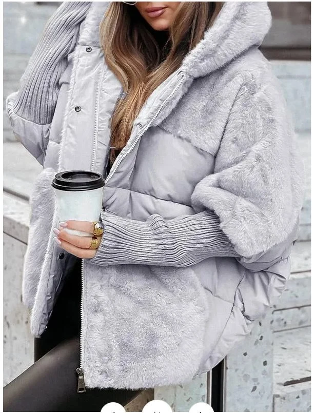 Damen Wattierter Oversize-Parka mit Kunstfellbesatz, Kapuze und Rippbündchen Nord Taschen