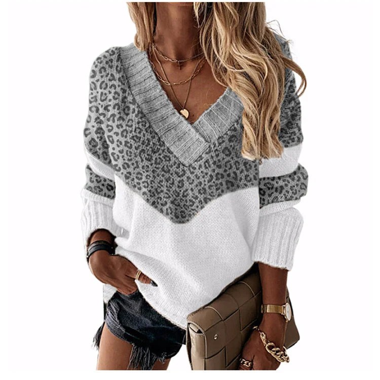 Damen V‑Ausschnitt Strickpullover mit Leo‑Print und Colorblock‑Design Nord Taschen