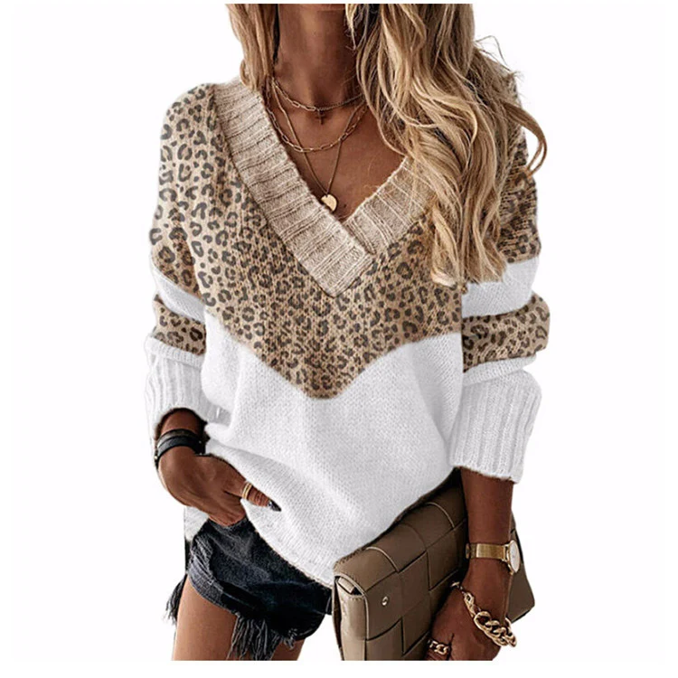 Damen V‑Ausschnitt Strickpullover mit Leo‑Print und Colorblock‑Design Nord Taschen