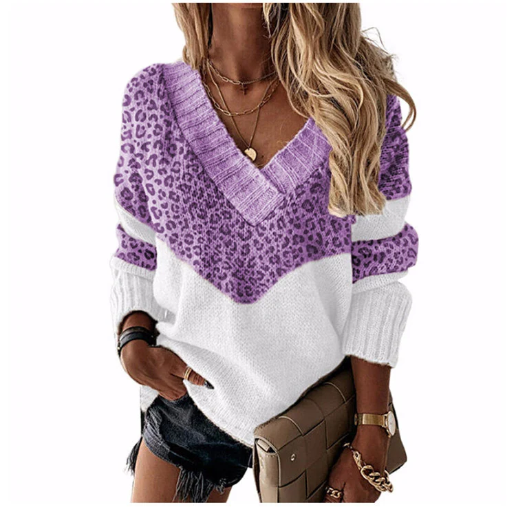 Damen V‑Ausschnitt Strickpullover mit Leo‑Print und Colorblock‑Design Nord Taschen