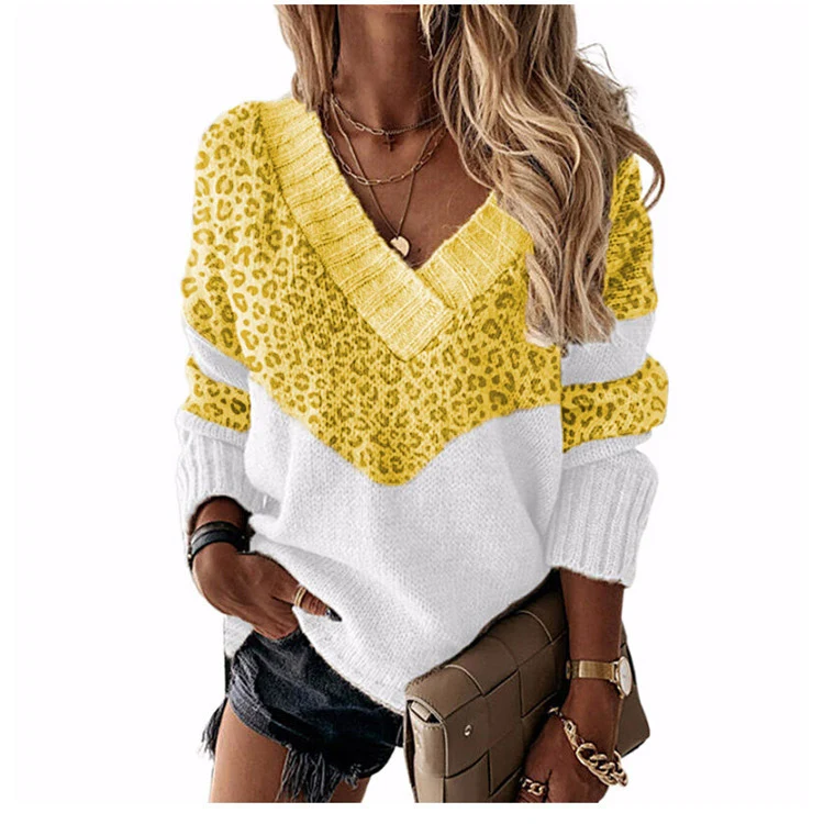Damen V‑Ausschnitt Strickpullover mit Leo‑Print und Colorblock‑Design Nord Taschen