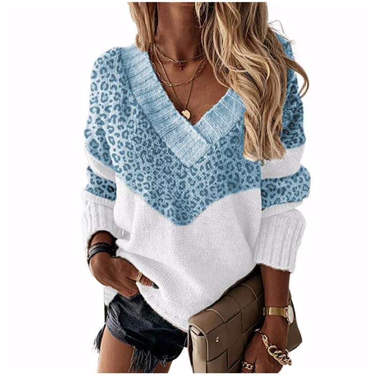 Damen V‑Ausschnitt Strickpullover mit Leo‑Print und Colorblock‑Design Nord Taschen