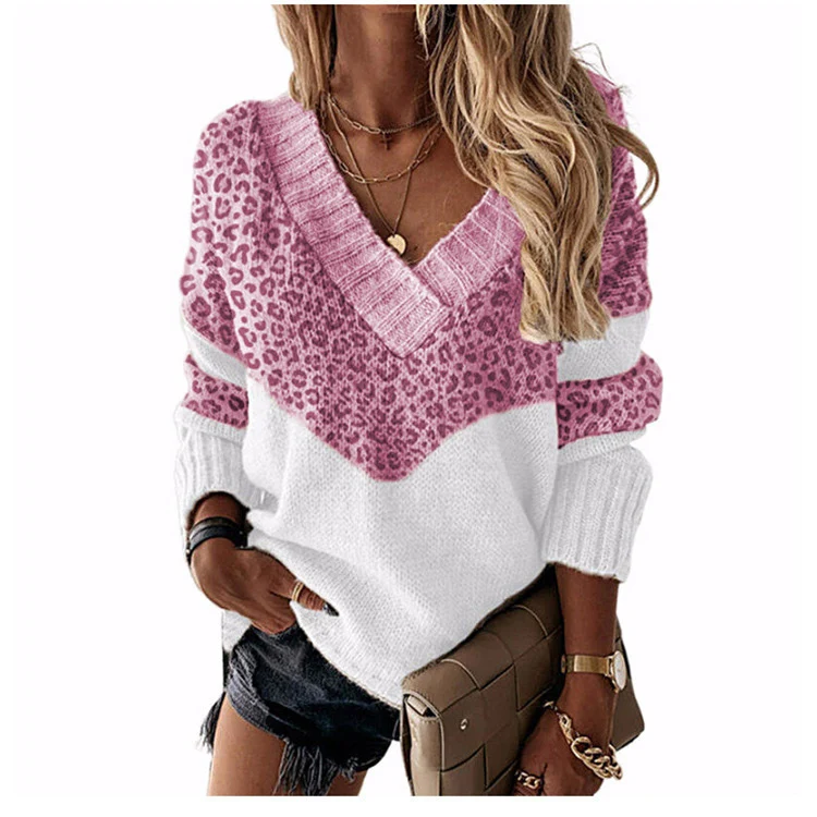 Damen V‑Ausschnitt Strickpullover mit Leo‑Print und Colorblock‑Design Nord Taschen