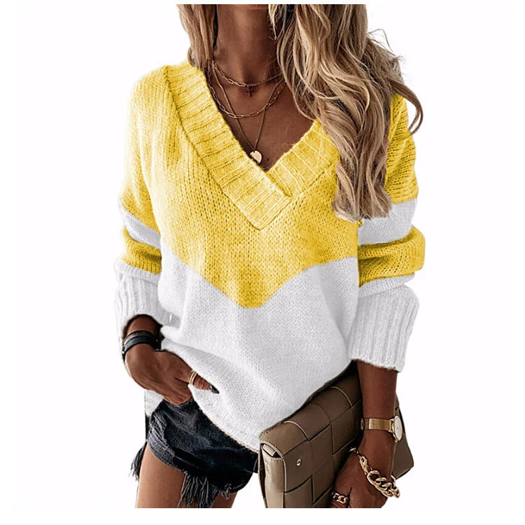 Damen V‑Ausschnitt Strickpullover mit Leo‑Print und Colorblock‑Design Nord Taschen