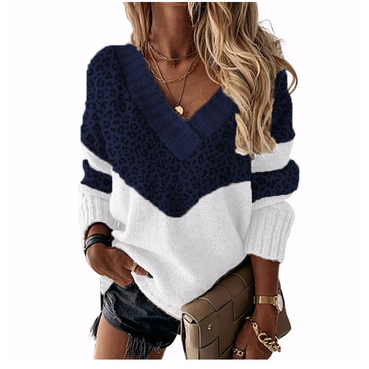 Damen V‑Ausschnitt Strickpullover mit Leo‑Print und Colorblock‑Design Nord Taschen