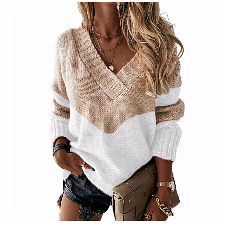 Damen V‑Ausschnitt Strickpullover mit Leo‑Print und Colorblock‑Design Nord Taschen