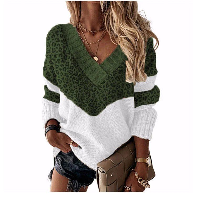 Damen V‑Ausschnitt Strickpullover mit Leo‑Print und Colorblock‑Design Nord Taschen