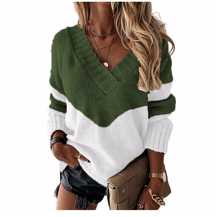 Damen V‑Ausschnitt Strickpullover mit Leo‑Print und Colorblock‑Design Nord Taschen