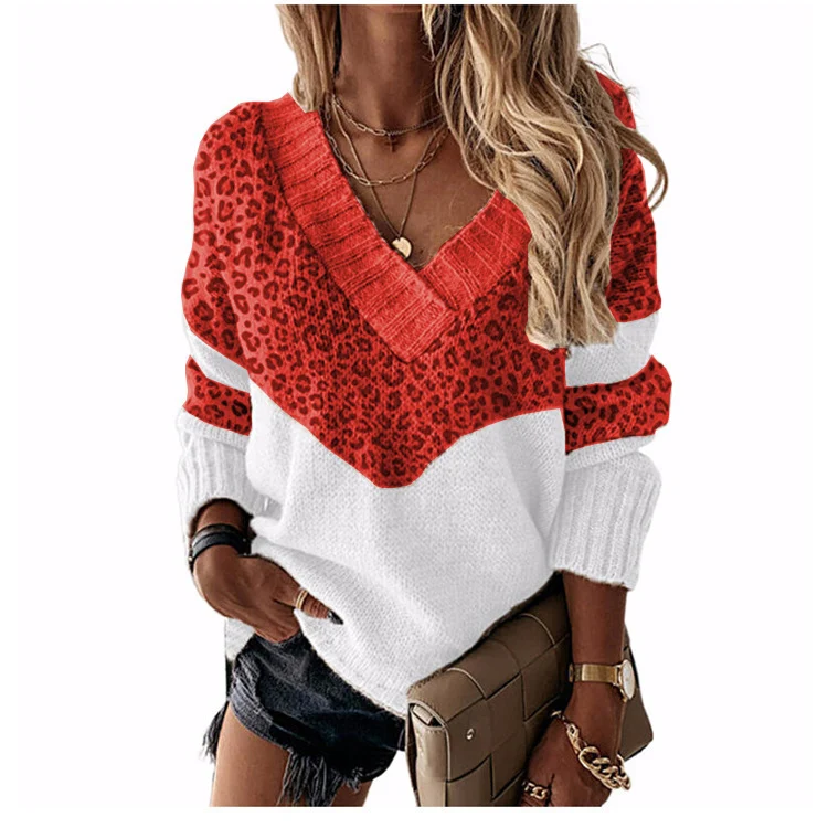 Damen V‑Ausschnitt Strickpullover mit Leo‑Print und Colorblock‑Design Nord Taschen