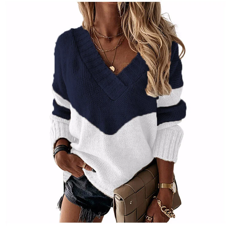 Damen V‑Ausschnitt Strickpullover mit Leo‑Print und Colorblock‑Design Nord Taschen