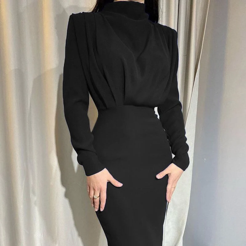Damen Tailliertes Midikleid mit Drapierung am Oberteil und Stehkragen Nord Taschen