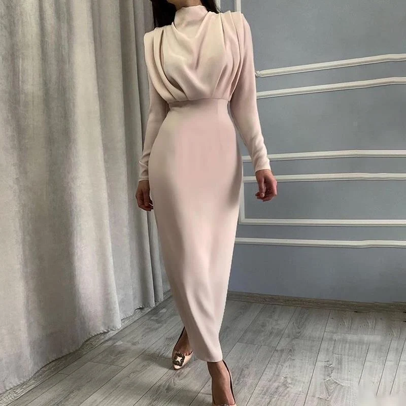 Damen Tailliertes Midikleid mit Drapierung am Oberteil und Stehkragen Nord Taschen