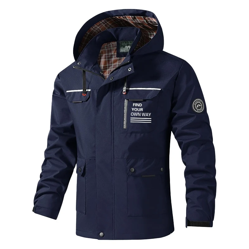 Herren Atmungsaktive wasserabweisende Kapuzen-Outdoorjacke mit kariertem Innenfutter, Multifunktions-Taschen & verstellbarer Kapuze Nord Taschen