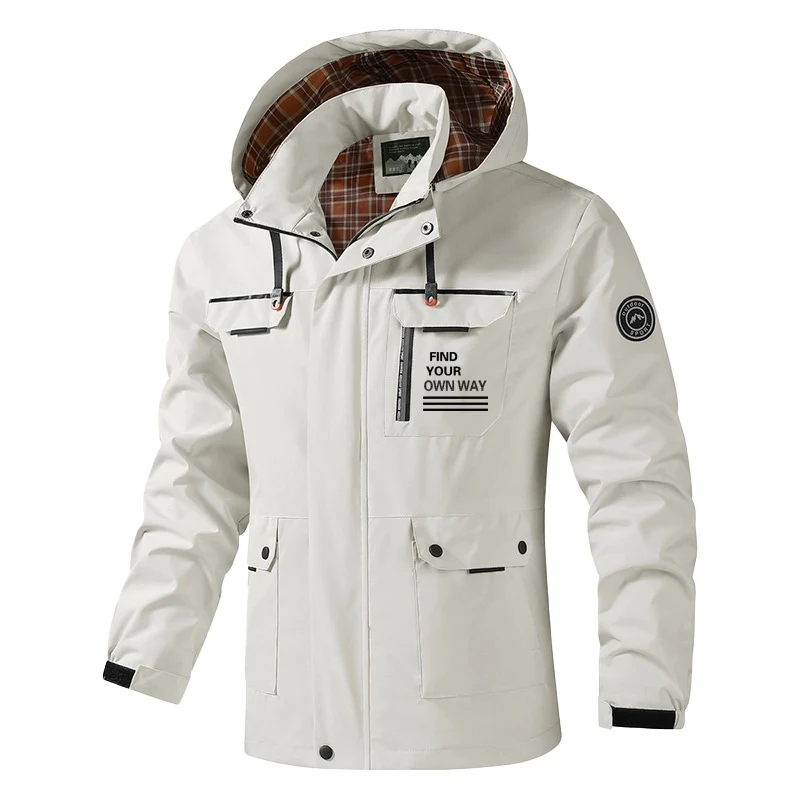 Herren Atmungsaktive wasserabweisende Kapuzen-Outdoorjacke mit kariertem Innenfutter, Multifunktions-Taschen & verstellbarer Kapuze Nord Taschen