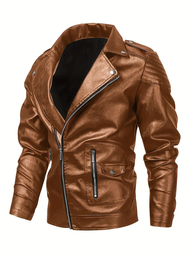 Herren Asymmetrische Bikerjacke aus Kunstleder mit gesteppten Schulterpaddings und Utility‑Taschen Nord Taschen