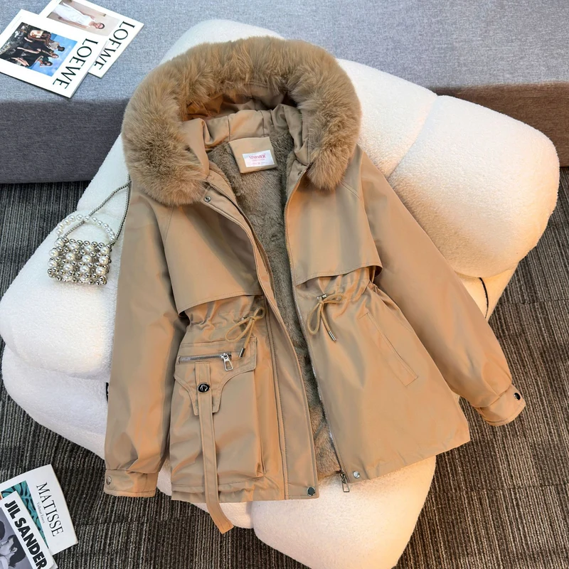 Damen nan kurze gefütterte Parka mit Kunstpelzkragen Teddyfutter Taillenzug und Multifunktions-Taschen Nord Taschen