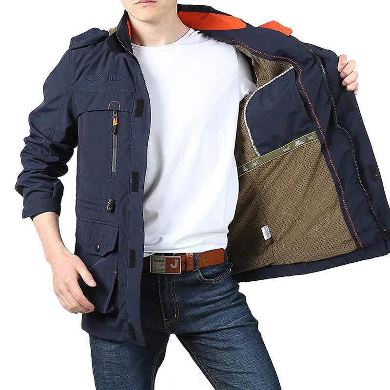 Herren Utility-Fieldjacke mit Kapuze, Multifunktionstaschen und Taillenzug Nord Taschen