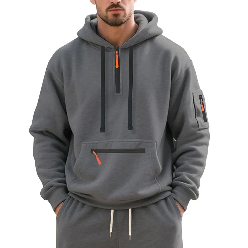 Herren Oversize-Kapuzenpullover mit halbem Reißverschluss, Kängurutasche mit Reißverschluss und Ärmel-Pocket Nord Taschen