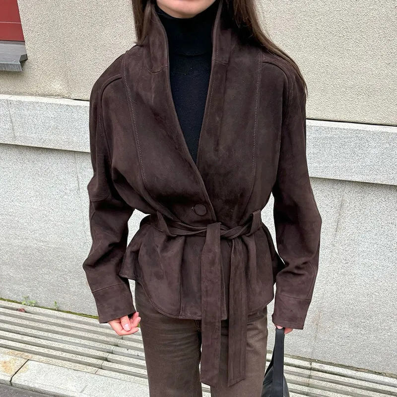 Damen Velourslederjacke mit Schalkragen und Bindegürtel Nord Taschen