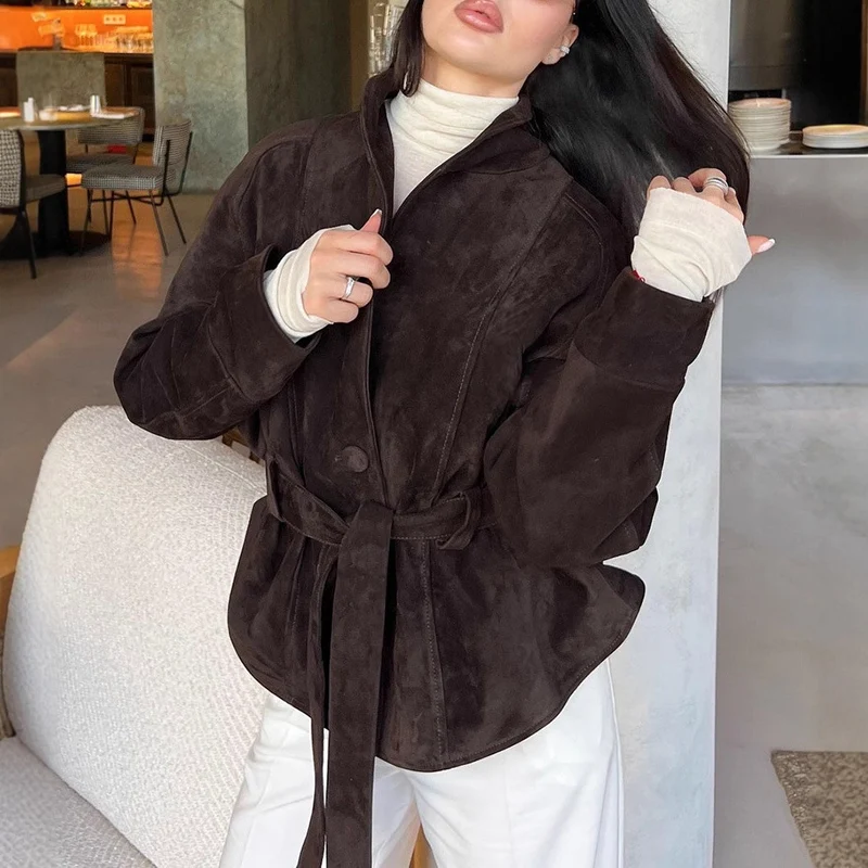 Damen Velourslederjacke mit Schalkragen und Bindegürtel Nord Taschen