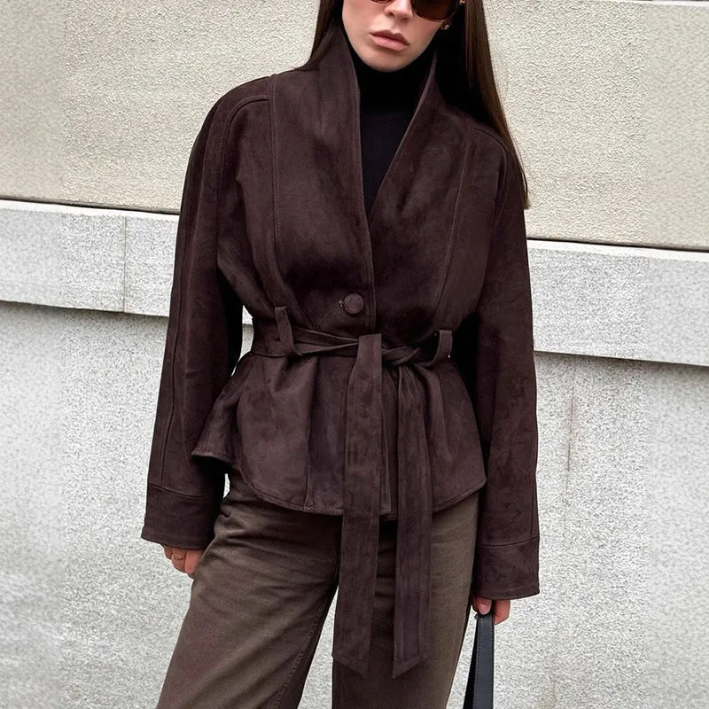 Damen Velourslederjacke mit Schalkragen und Bindegürtel Nord Taschen
