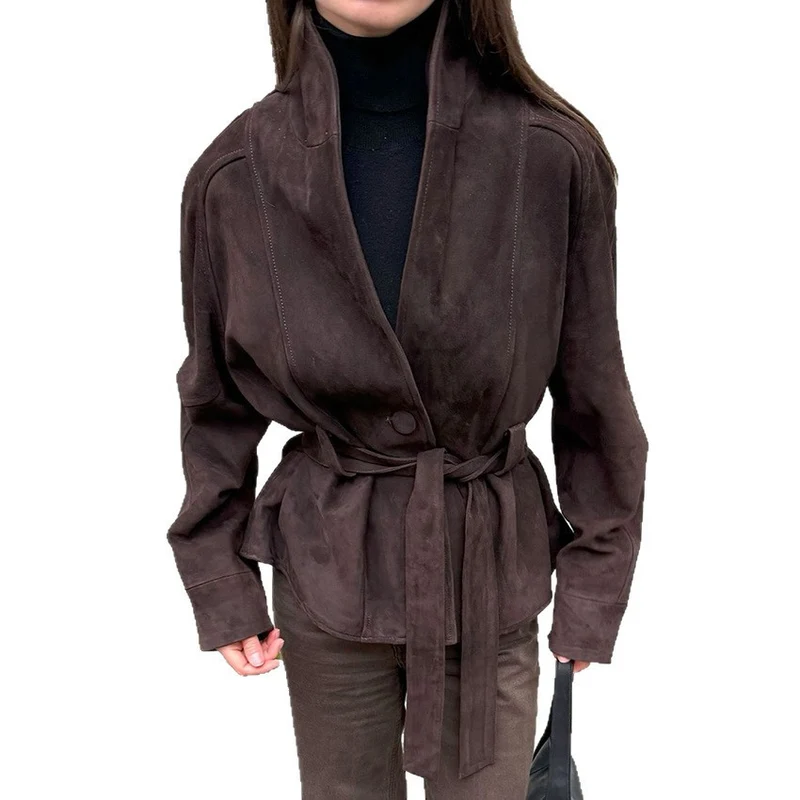 Damen Velourslederjacke mit Schalkragen und Bindegürtel Nord Taschen