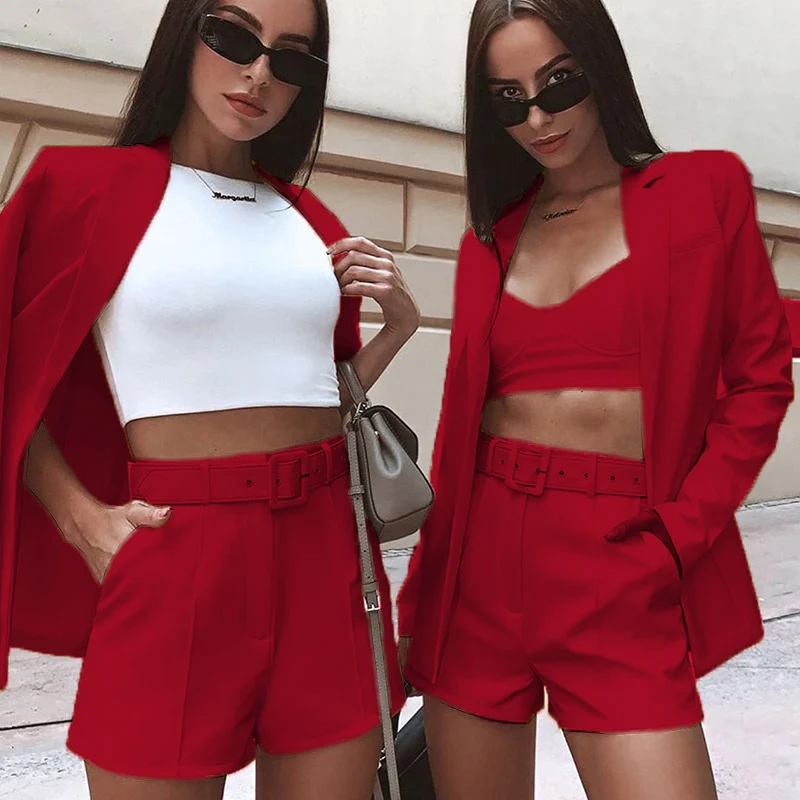 Damen Taillierter Longline-Blazer mit hochtaillierten Gürtelshorts-Set Nord Taschen