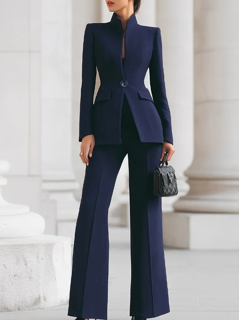 Damen Taillierter Blazer mit Stehkragen und High‑Waist ausgestellte Hose Nord Taschen