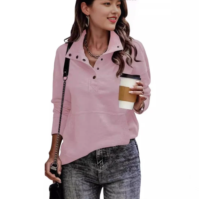 Damen Sweatpullover mit Stehkragen-Knopfleiste und Kängurutasche Nord Taschen