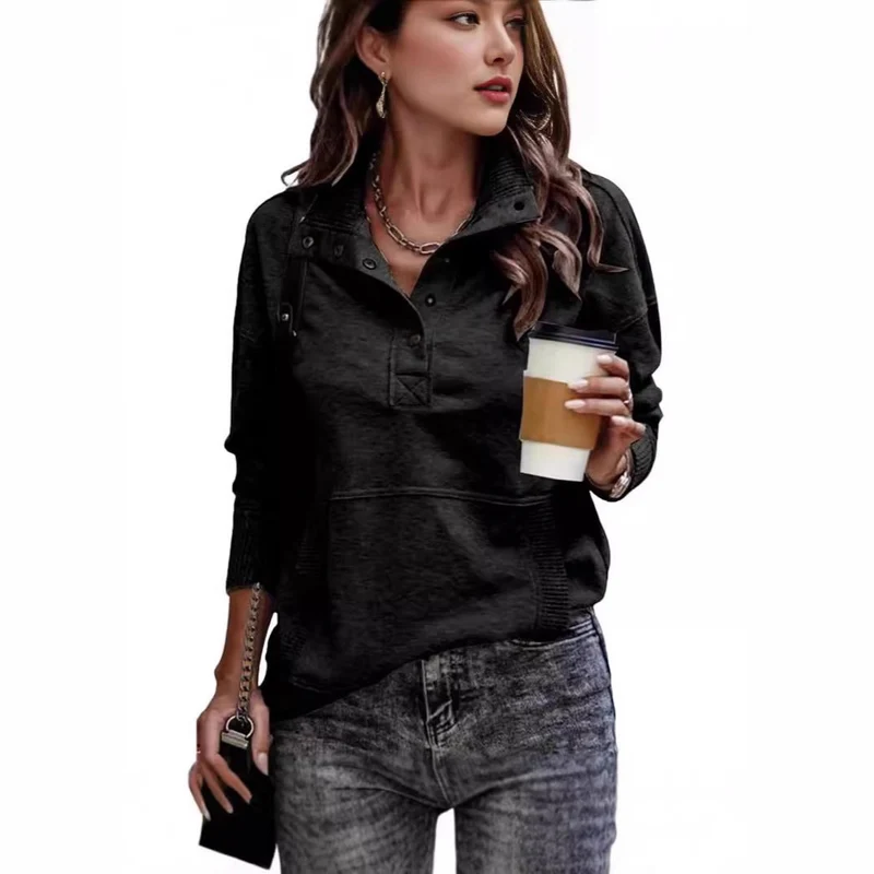 Damen Sweatpullover mit Stehkragen-Knopfleiste und Kängurutasche Nord Taschen