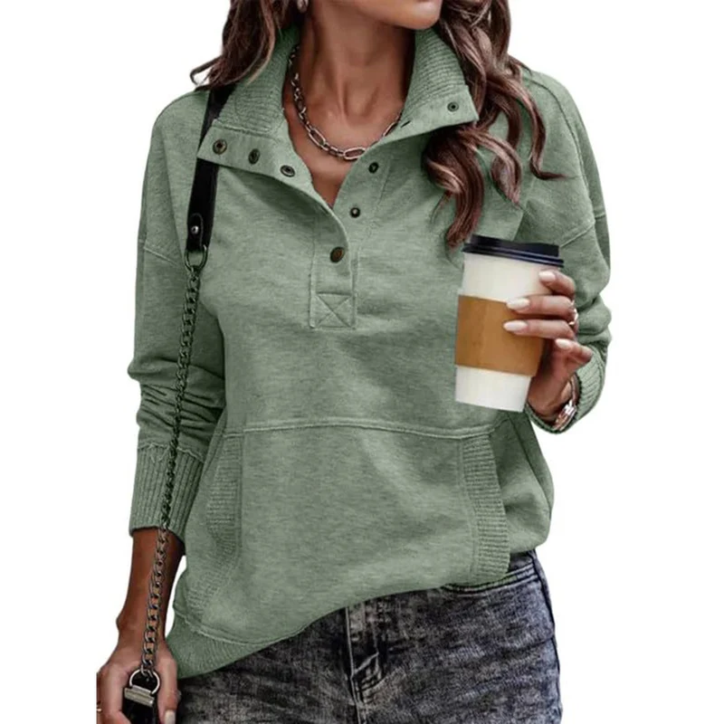 Damen Sweatpullover mit Stehkragen-Knopfleiste und Kängurutasche Nord Taschen