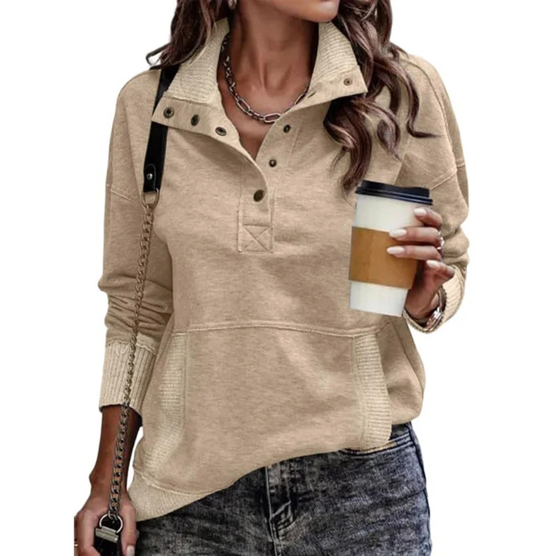 Damen Sweatpullover mit Stehkragen-Knopfleiste und Kängurutasche Nord Taschen