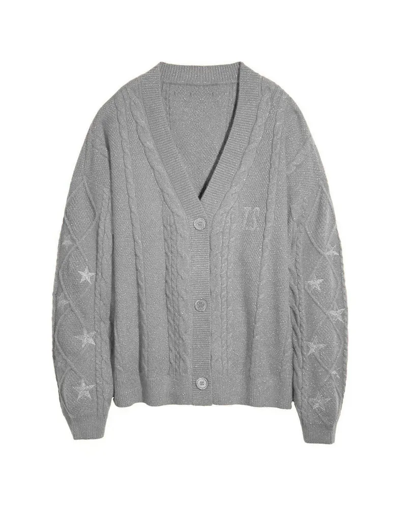 Damen Strickcardigan mit Zopfstrick, Stern‑Stickerei und Glanzfäden Nord Taschen