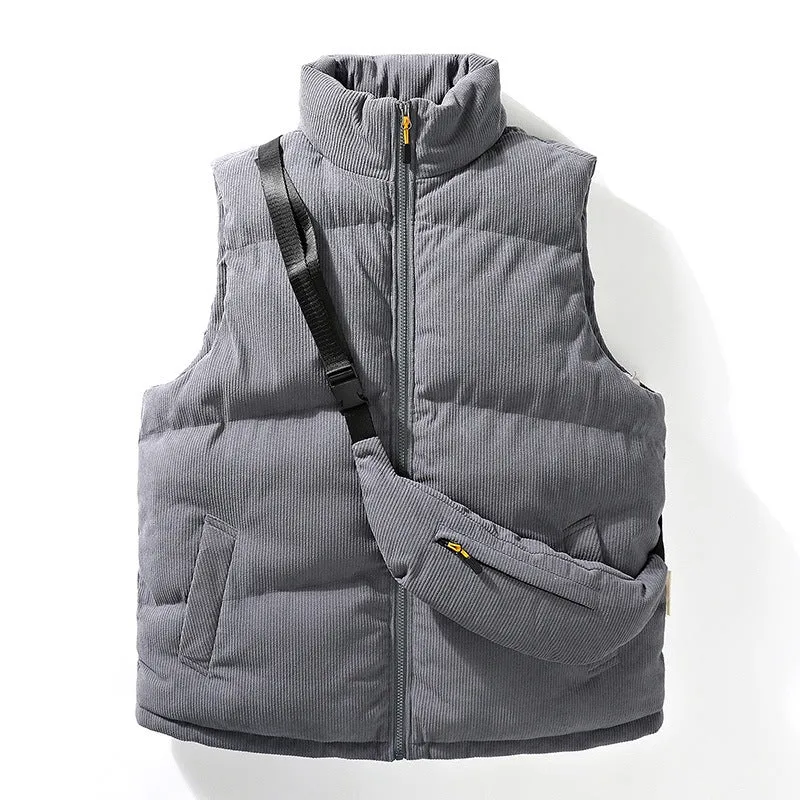 Herren Gesteppte Cord-Ärmellose Thermoweste mit Stehkragen und integrierter Crossbody-Tasche Nord Taschen