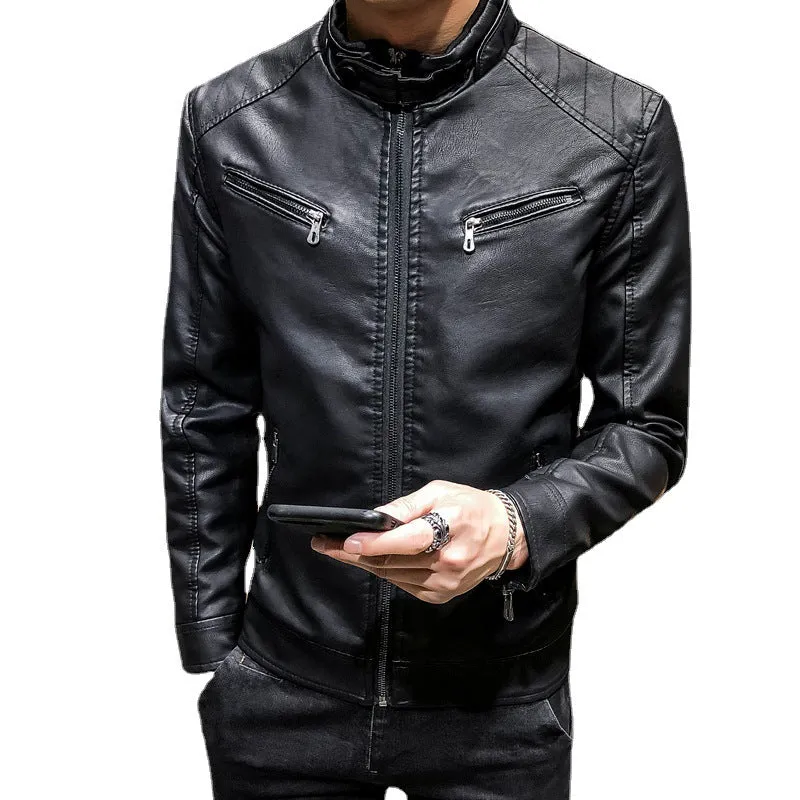 Herren Slim-Fit Kunstleder‑Racerblouson mit Stehkragen und Reißverschluss‑Brusttaschen Nord Taschen