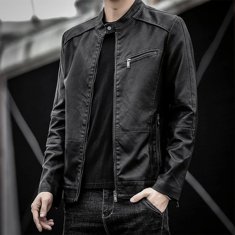 Herren Slim-Fit Kunstleder-Motojacke mit Stehkragen und Reißverschlussdetails Nord Taschen