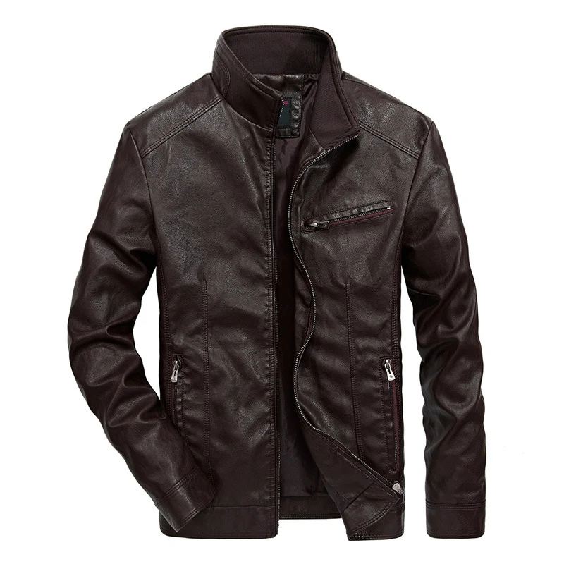 Herren Slim-Fit Kunstleder-Motojacke mit Stehkragen, Reißverschluss-Taschen und verstärkter Nahtführung Nord Taschen
