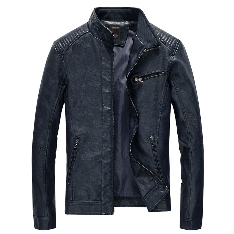 Herren Slim-Fit Kunstleder-Motojacke mit Stehkragen, gesteppter Schulterpasse und Reißverschlusstaschen Nord Taschen