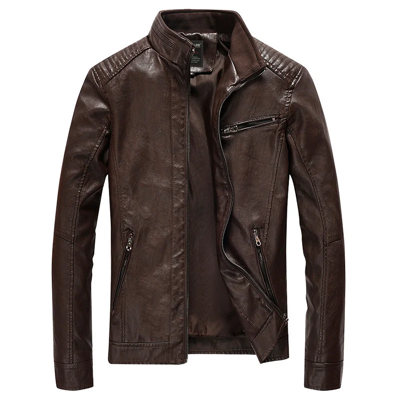Herren Slim-Fit Kunstleder-Motojacke mit Stehkragen, gesteppter Schulterpasse und Reißverschlusstaschen Nord Taschen