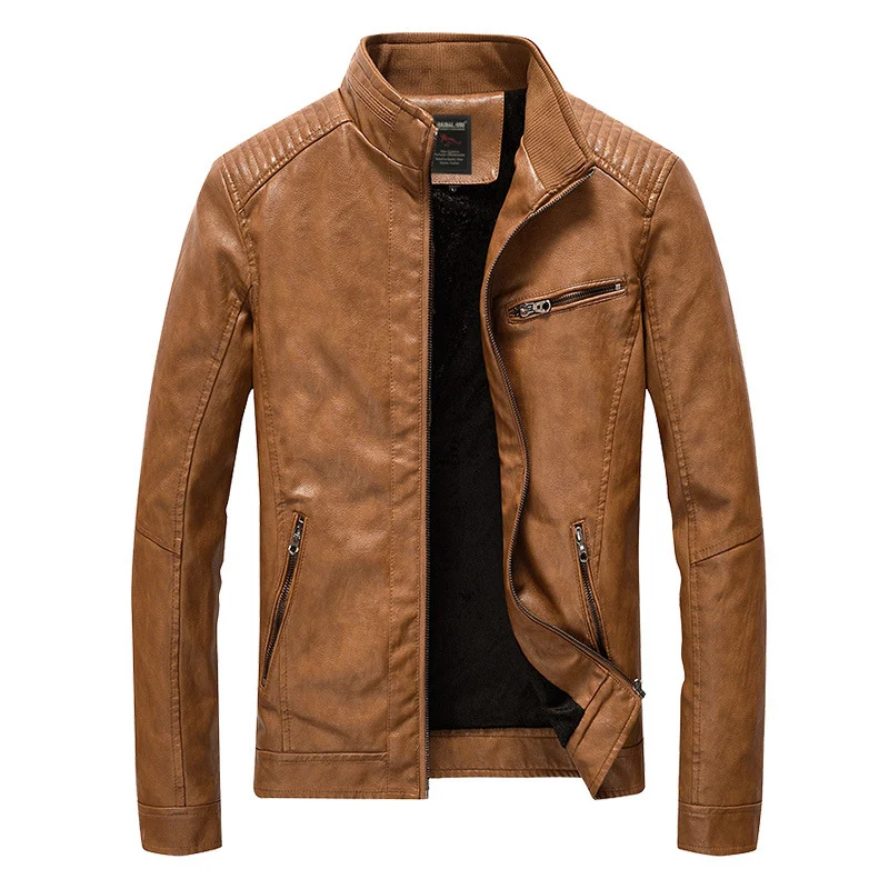Herren Slim-Fit Kunstleder-Motojacke mit Stehkragen, gesteppter Schulterpasse und Reißverschlusstaschen Nord Taschen