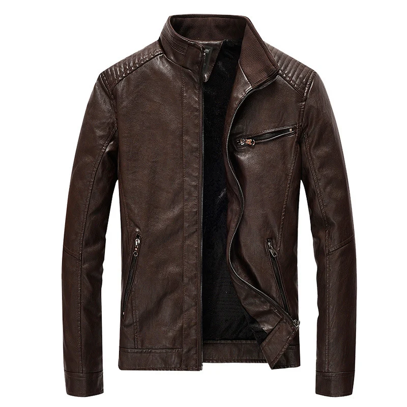 Herren Slim-Fit Kunstleder-Motojacke mit Stehkragen, gesteppter Schulterpasse und Reißverschlusstaschen Nord Taschen