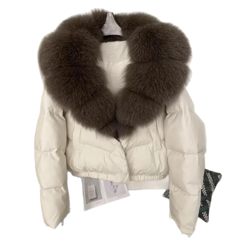 Damen nan kurz geschnittene Boxy-Pufferjacke mit extra großem Webpelzkragen und formstabilem Saum Nord Taschen