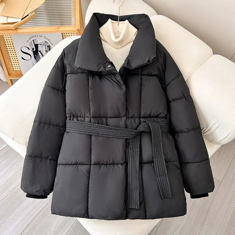 Damen nan gesteppte Winterjacke mit Taillengürtel, Stehkragen und Rippbündchen Nord Taschen